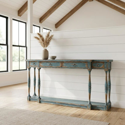 Pecky Pecan Veneer Entryway Console Table with Four Drawers with Storage, Blue
