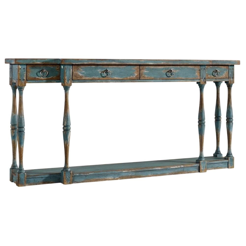 Pecky Pecan Veneer Entryway Console Table with Four Drawers with Storage, Blue