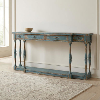 Pecky Pecan Veneer Entryway Console Table with Four Drawers with Storage, Blue