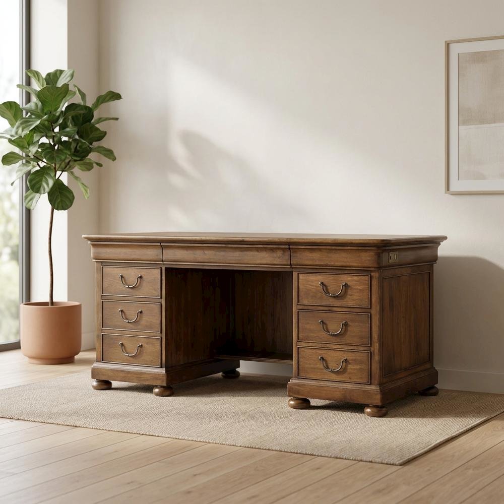 Pecky Pecan Veneer Executive Desk with Drawers, Brown