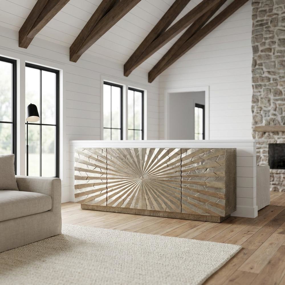 Solid Mango Wood TV Stand Entertainment Center with Storage, Silver