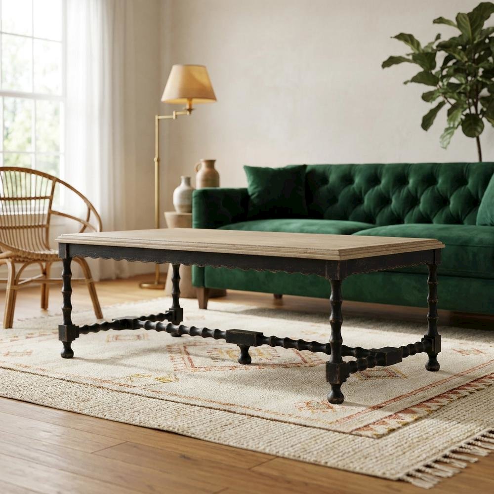 Maple Veneer Cocktail Table with Solid-Wood Edge Top for Living Room, Black