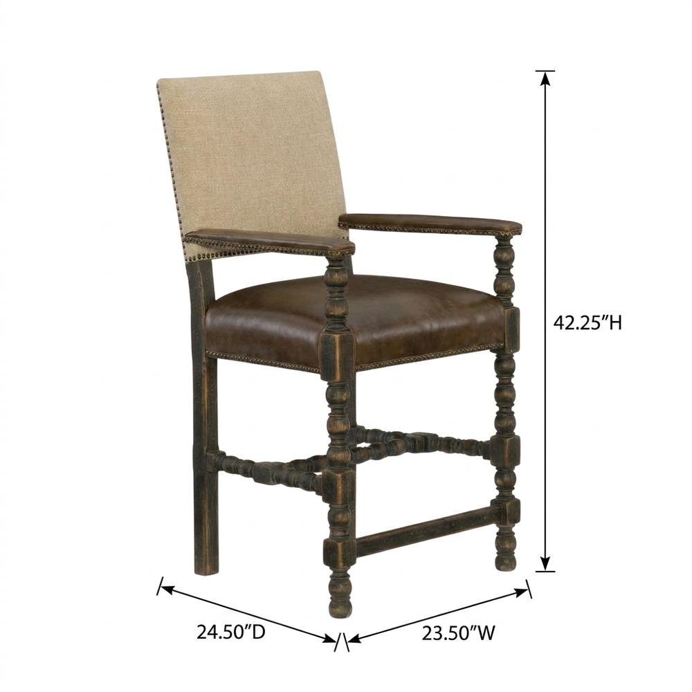 Fabric Counter Stool with Fixed Arms and Distressed Wood Frame, Brown