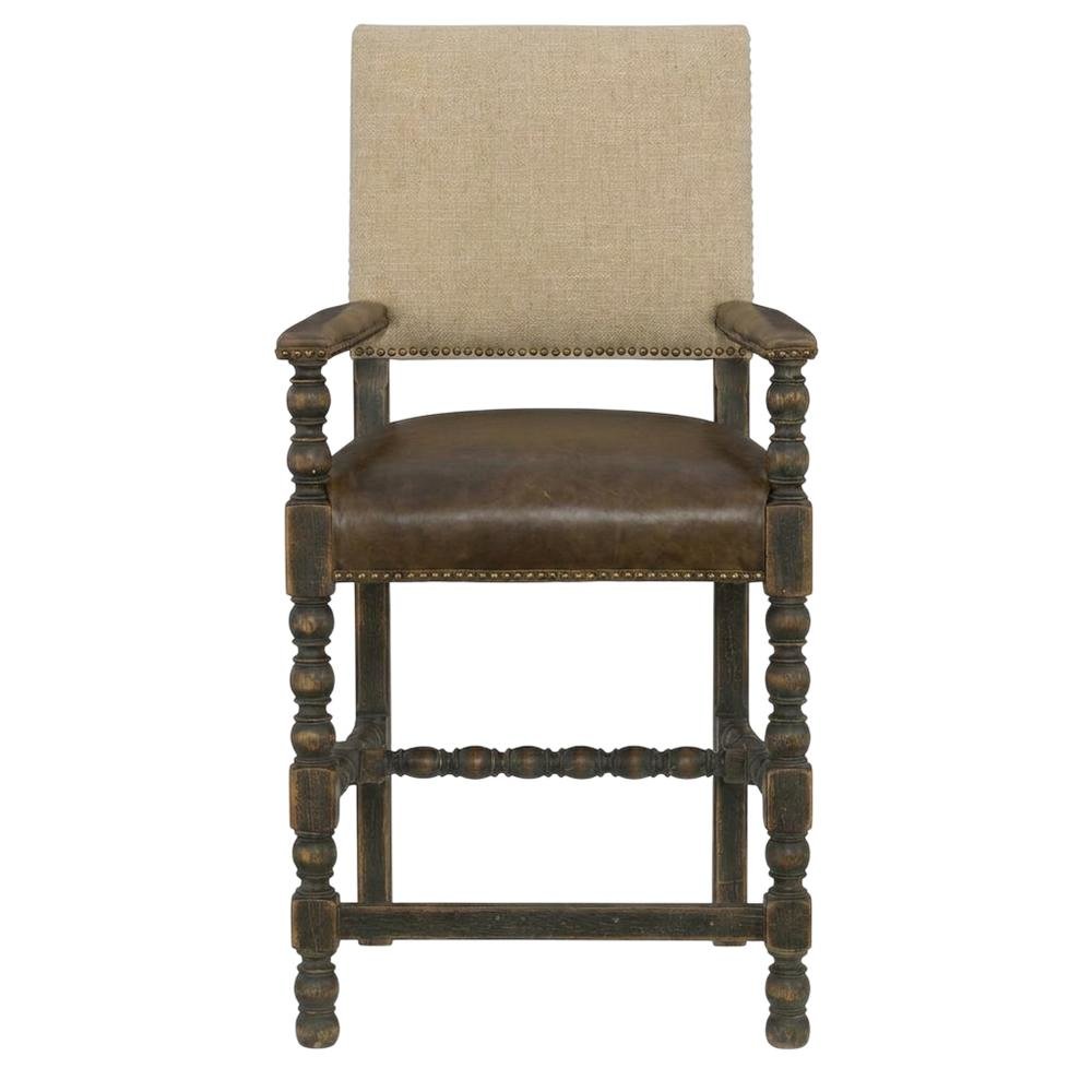 Fabric Counter Stool with Fixed Arms and Distressed Wood Frame, Brown
