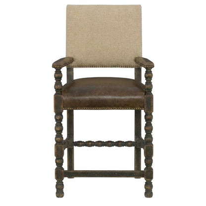 Fabric Counter Stool with Fixed Arms and Distressed Wood Frame, Brown