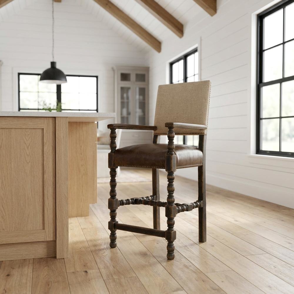 Fabric Counter Stool with Fixed Arms and Distressed Wood Frame, Brown