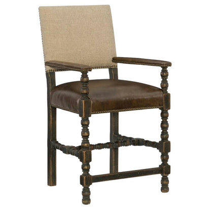 Fabric Counter Stool with Fixed Arms and Distressed Wood Frame, Brown