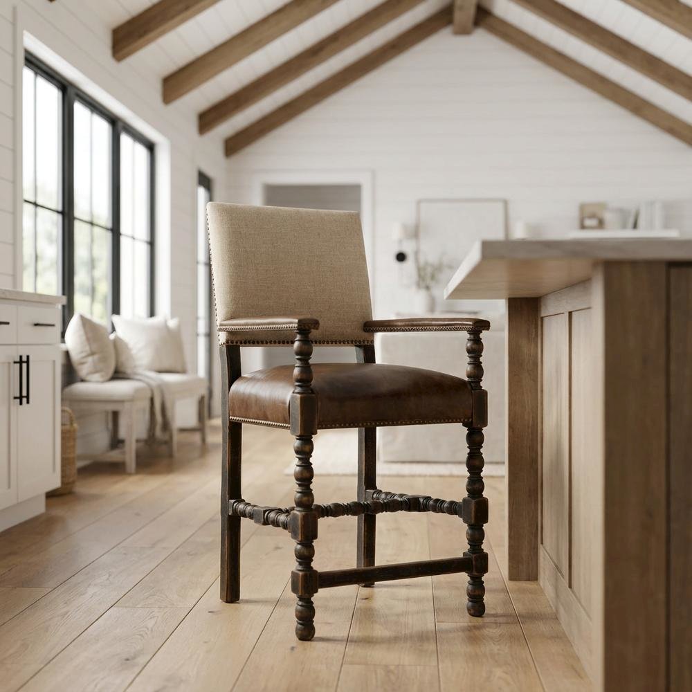 Fabric Counter Stool with Fixed Arms and Distressed Wood Frame, Brown