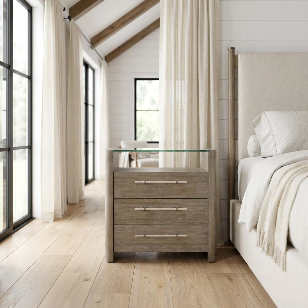 Oak Veneer Nightstand with Three Drawers, Tall Bedside Table with Storage, Gray