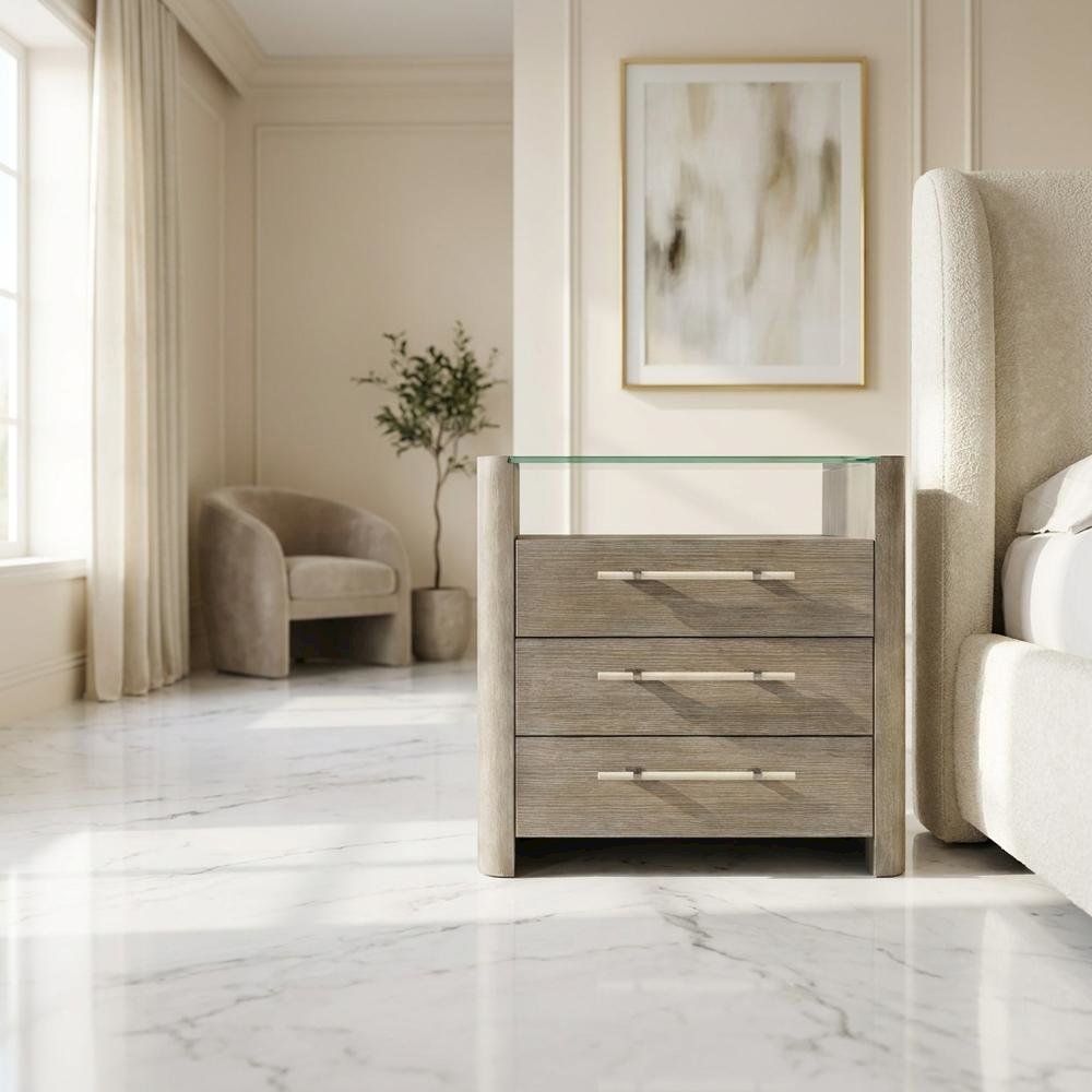 Oak Veneer Nightstand with Three Drawers, Tall Bedside Table with Storage, Gray