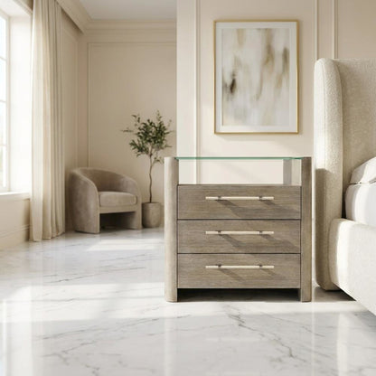 Oak Veneer Nightstand with Three Drawers, Tall Bedside Table with Storage, Gray