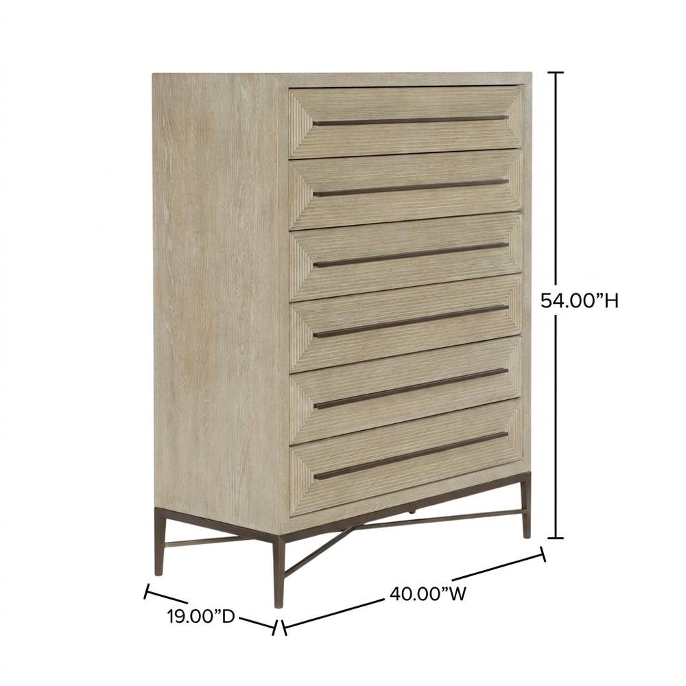 Oak Veneer Transitional Tall Dresser with Metal Accents and Six Drawers, Beige