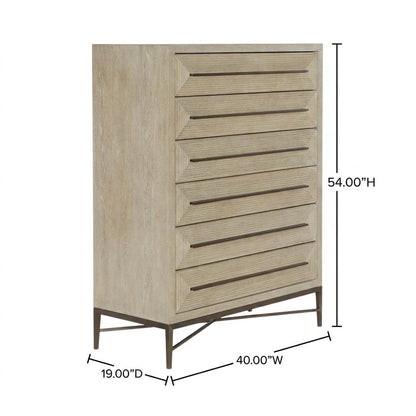Oak Veneer Transitional Tall Dresser with Metal Accents and Six Drawers, Beige