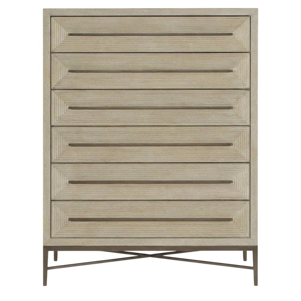 Oak Veneer Transitional Tall Dresser with Metal Accents and Six Drawers, Beige