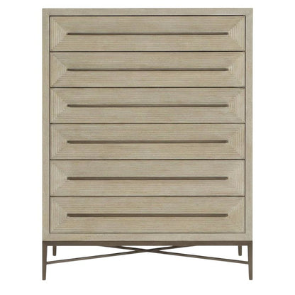 Oak Veneer Transitional Tall Dresser with Metal Accents and Six Drawers, Beige