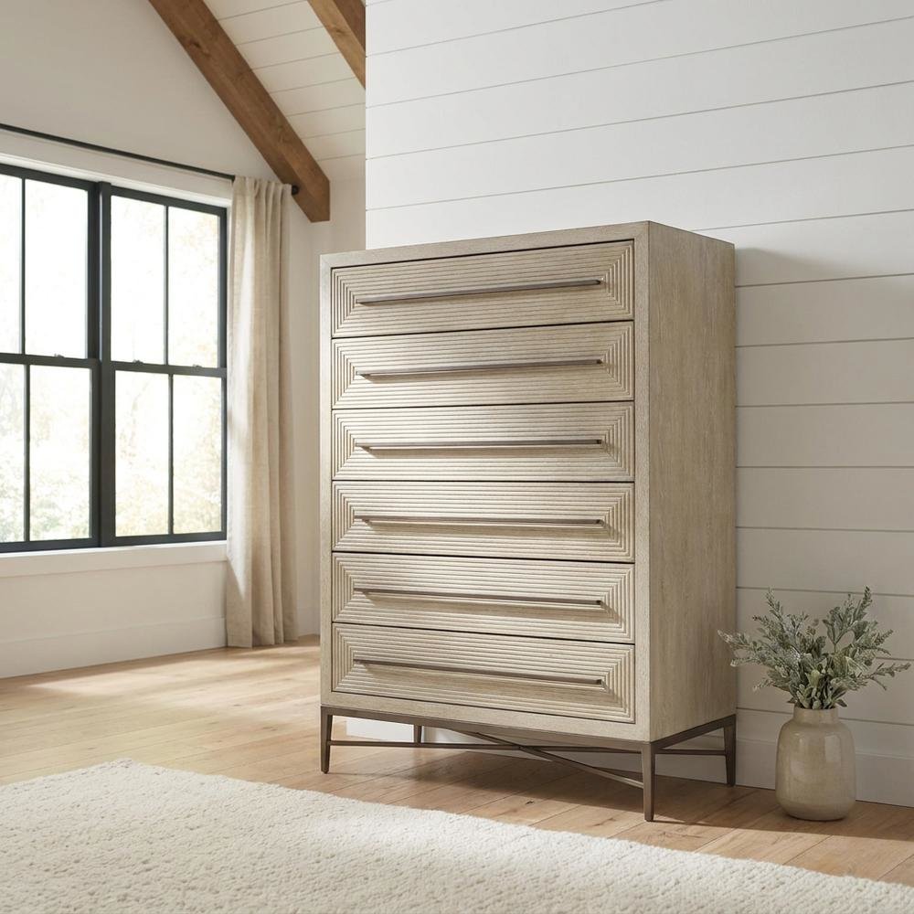 Oak Veneer Transitional Tall Dresser with Metal Accents and Six Drawers, Beige