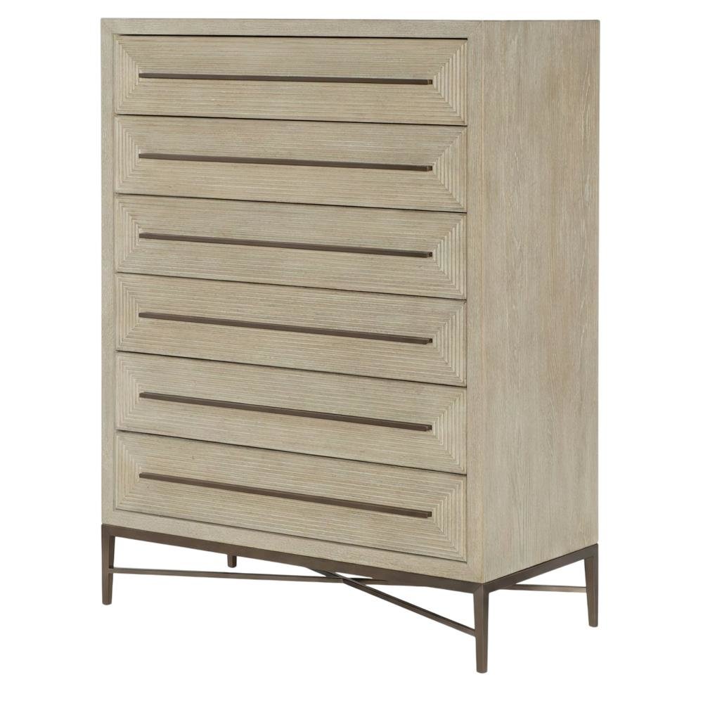 Oak Veneer Transitional Tall Dresser with Metal Accents and Six Drawers, Beige