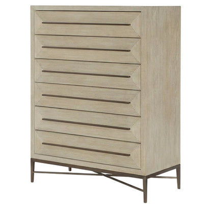 Oak Veneer Transitional Tall Dresser with Metal Accents and Six Drawers, Beige