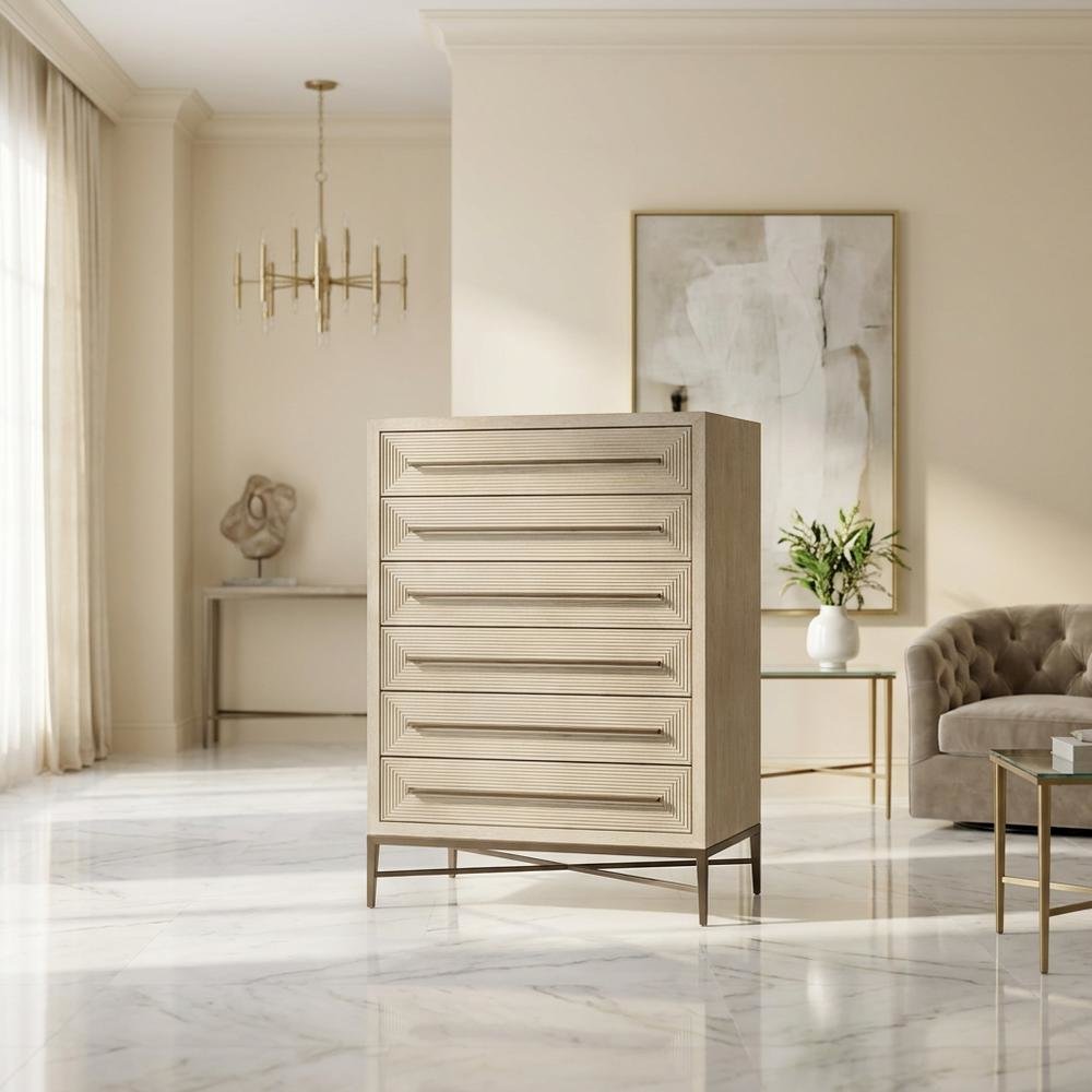 Oak Veneer Transitional Tall Dresser with Metal Accents and Six Drawers, Beige