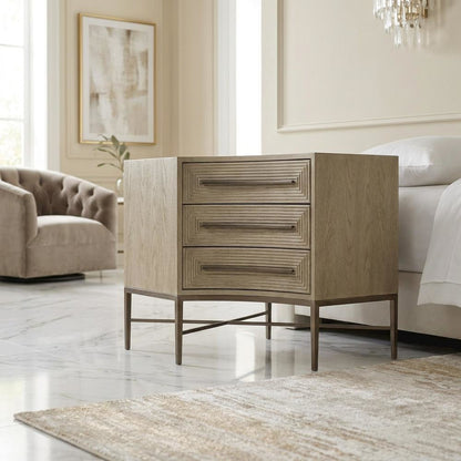 Oak Veneer Night Stand with Three Drawers, Bedside Table with Storage, Beige
