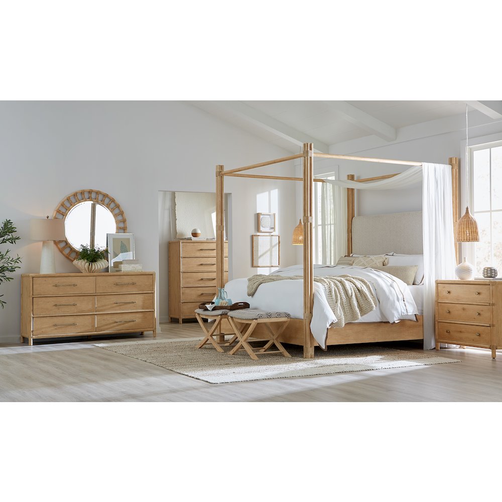 Retreat Pole Rattan Cal King Upholstered Poster Bed withCanopy