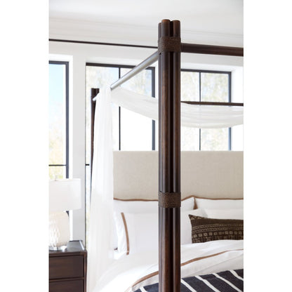 Retreat Pole Rattan King Upholstered Poster Bed withCanopy