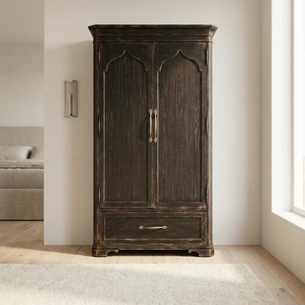 Oak Veneer Armoire Wardrobe Closet with Drawers and Shelves with Storage, Black