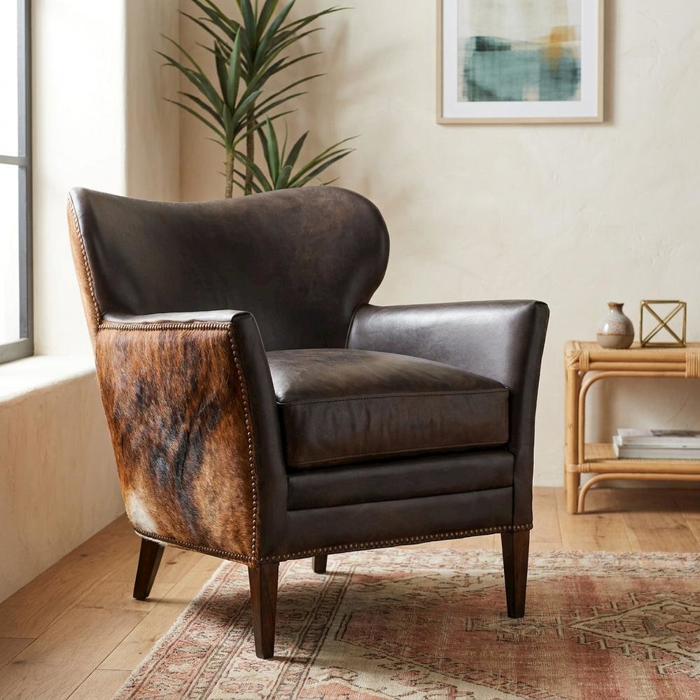 Aniline Top Grain Leather Club Chair with Fixed Arms for Living Room, Brown