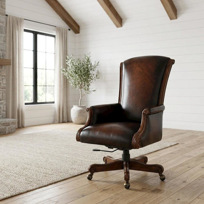 Leather Executive Swivel Chair, Fixed Arms, and Old World Finish, Brown