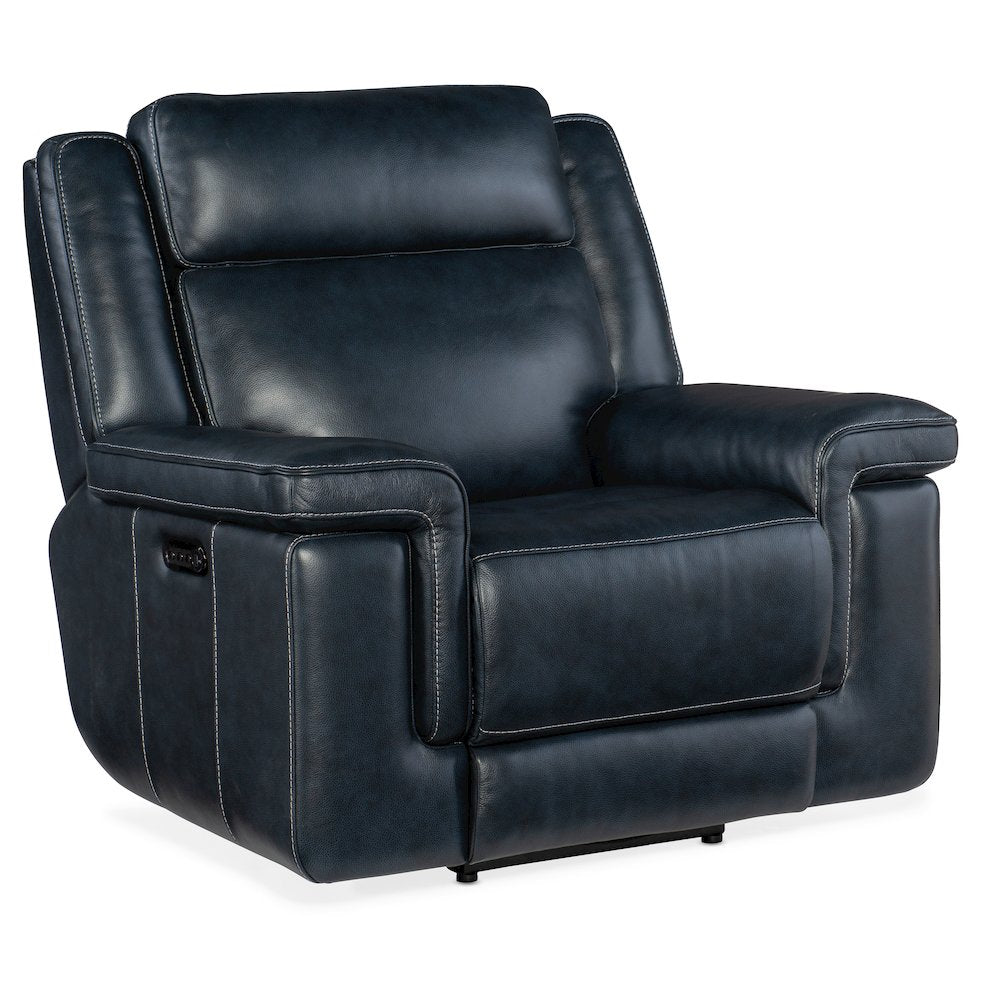 Montel Lay Flat Power Recliner with Power Headrest & Lumbar in Blue Leather