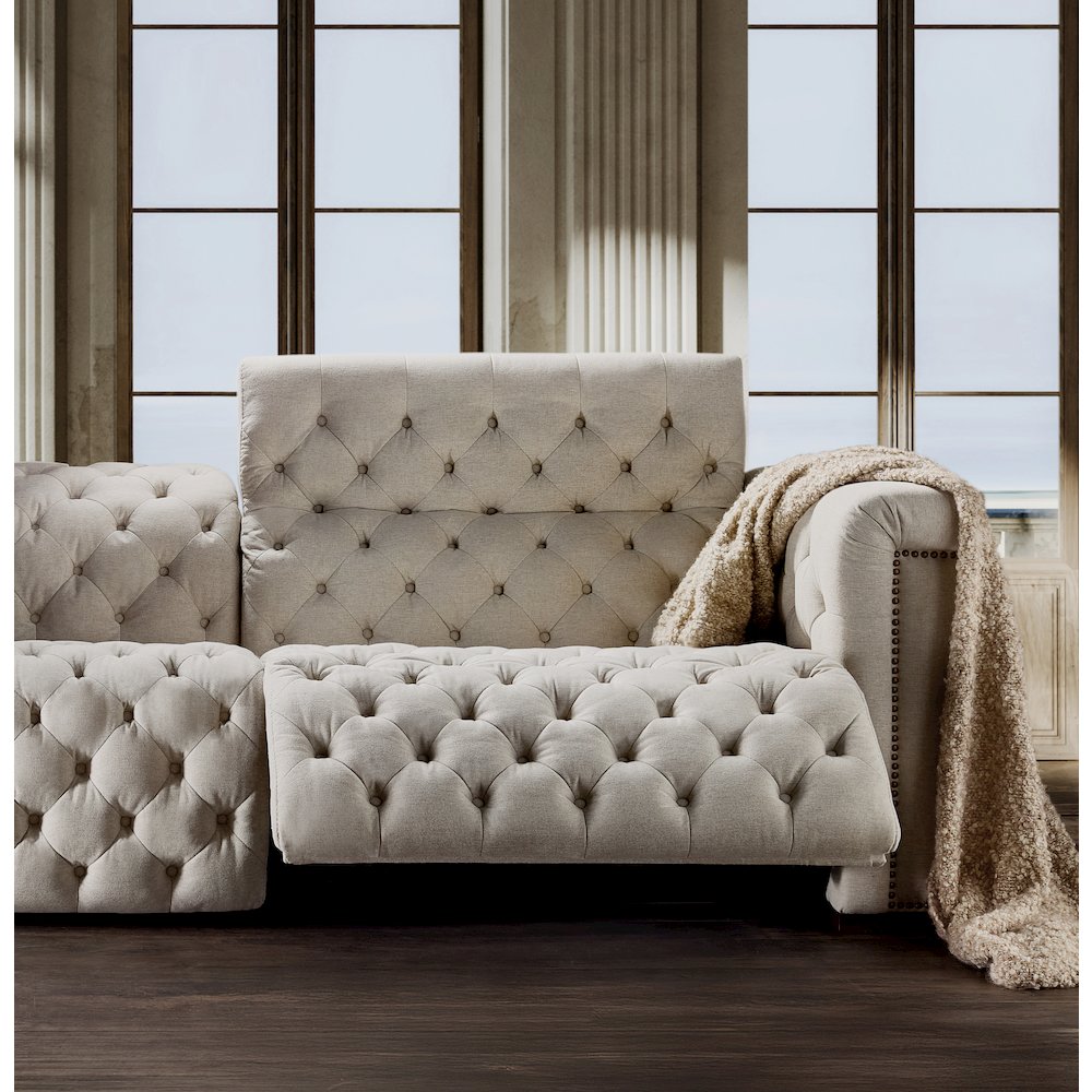 Savion Deux Beige Fabric Sofa with Power Recliners and Power Headrests