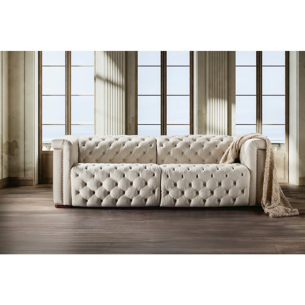 Savion Deux Beige Fabric Sofa with Power Recliners and Power Headrests