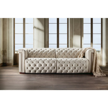 Savion Deux Beige Fabric Sofa with Power Recliners and Power Headrests