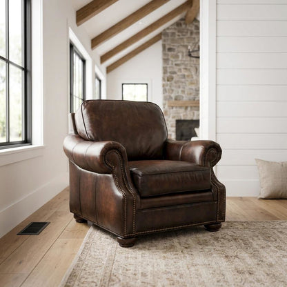 Top Grain Leather Recliner with Fixed Arms, Accent Chair for Living Room, Brown