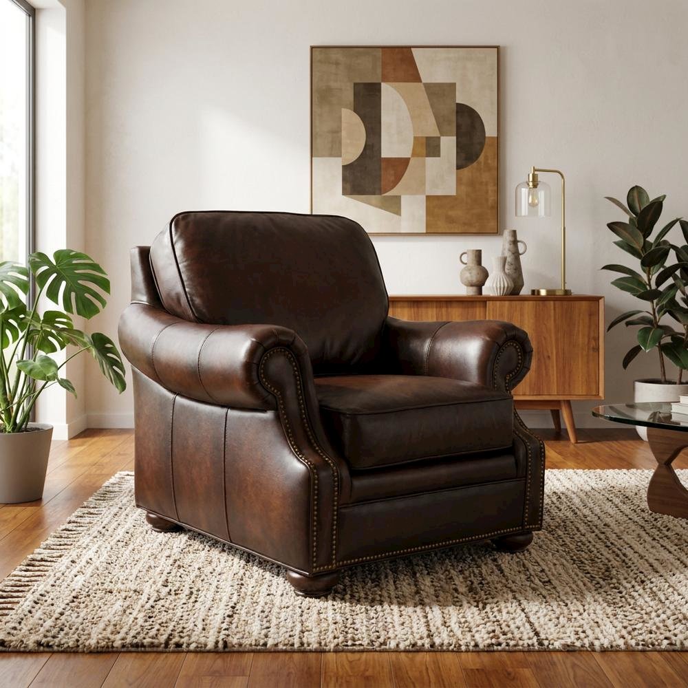 Top Grain Leather Recliner with Fixed Arms, Accent Chair for Living Room, Brown