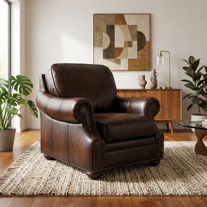 Top Grain Leather Recliner with Fixed Arms, Accent Chair for Living Room, Brown