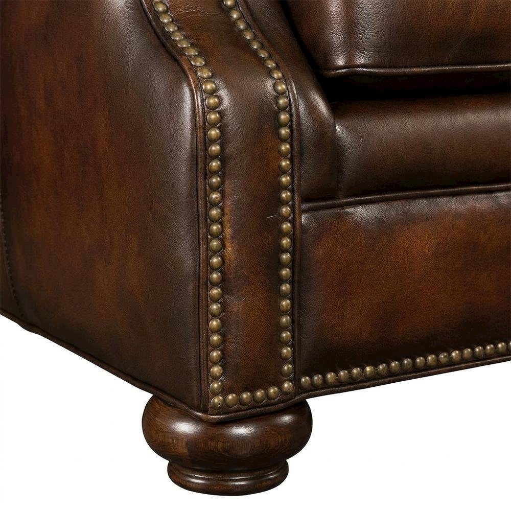Top-Grain Leather Sofa with Fixed Arms and Dark Walnut Frame, Brown