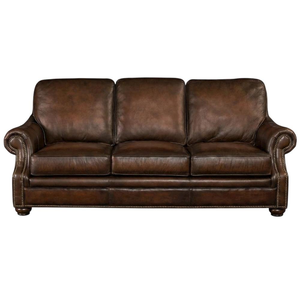 Top-Grain Leather Sofa with Fixed Arms and Dark Walnut Frame, Brown