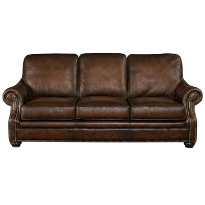 Top-Grain Leather Sofa with Fixed Arms and Dark Walnut Frame, Brown