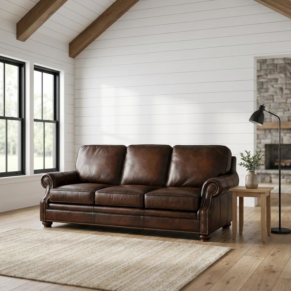 Top-Grain Leather Sofa with Fixed Arms and Dark Walnut Frame, Brown