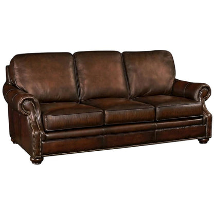Top-Grain Leather Sofa with Fixed Arms and Dark Walnut Frame, Brown