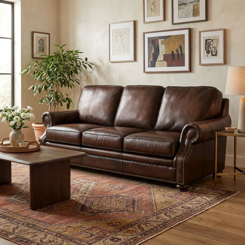 Top-Grain Leather Sofa with Fixed Arms and Dark Walnut Frame, Brown