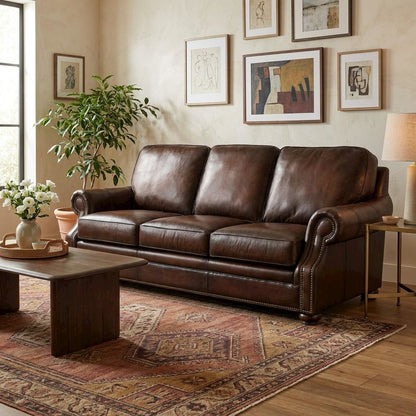 Top-Grain Leather Sofa with Fixed Arms and Dark Walnut Frame, Brown