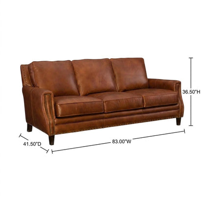 Exton Aniline Top Grain Leather Couch for Living Room, Fixed Arms, Brown