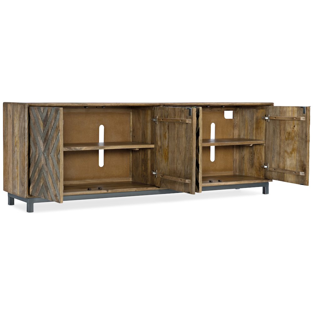 Wood-Door Entertainment Console in Medium Brown w/ Chevron Inlay by Hooker
