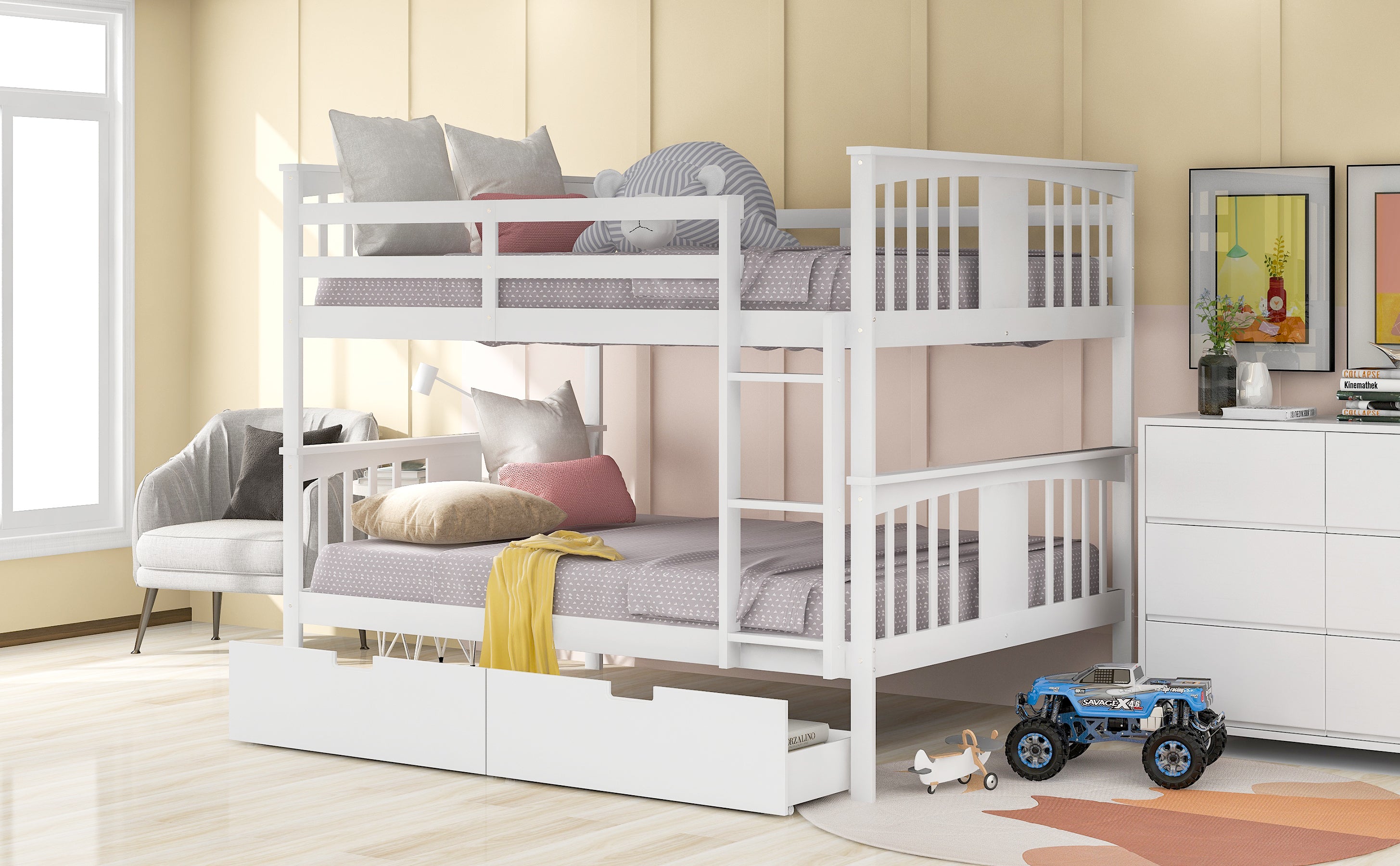 Full over Full Bunk Bed with Drawers and Ladder for Bedroom, Guest Room Furniture-White(OLD SKU :LP000205AAK)