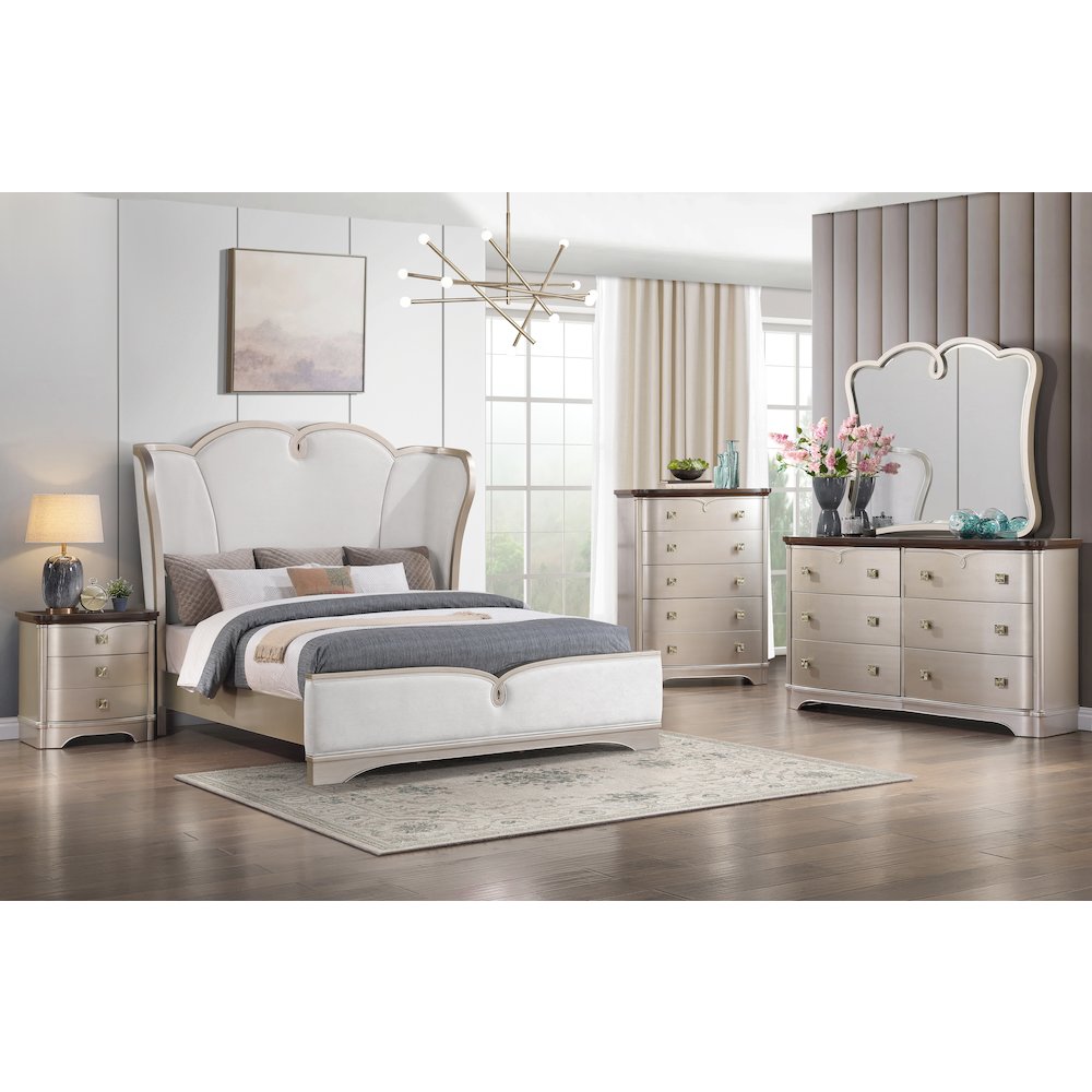 Rose Wingback Champagne Upholstered 5-Piece Bedroom Set, Queen