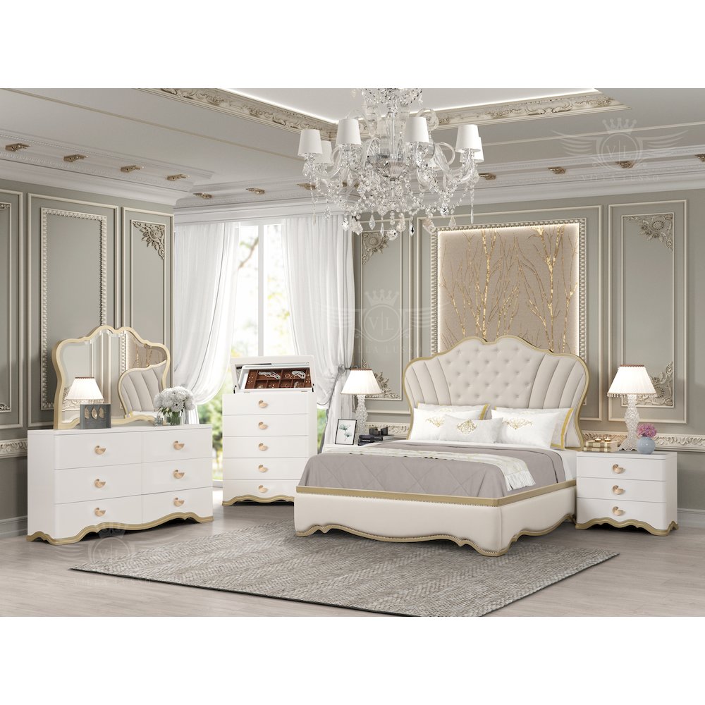 Athena Ivory and Gold Scalloped 5-Piece Bedroom Set, Queen