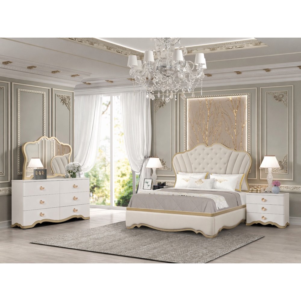 Athena Ivory and Gold Scalloped 4-Piece Bedroom Set, King