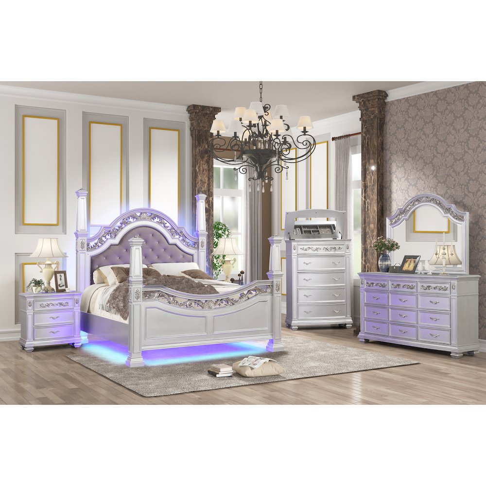 Valentina Silver 4-Piece Bedroom Set with LED Lighting, Queen